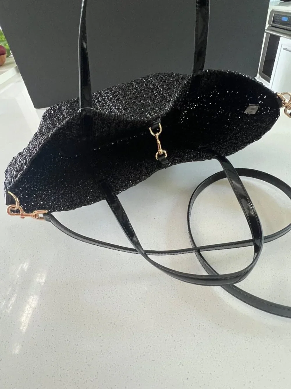 TORY BURCH Emerson Lacquered BLACK Raffia Small Tote